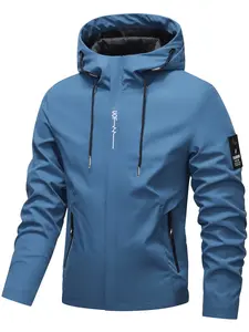 Men's Hooded Jacket Casual Fitted Outdoor Coat, Woven Fabric Print Design, Stylish Men's Outerwear