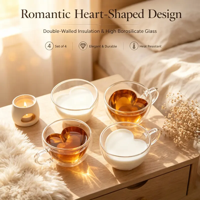 four piece heart inner double wall borosilicate glass mug set insulated transparent coffee tea cups aesthetic bedroom bedside drinkware romantic gift for anniversary valentine couple Heart Shaped Cups