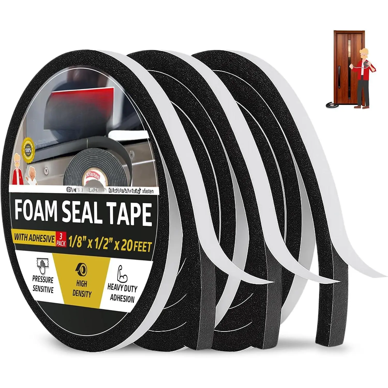 Black  Seal Tape, Self-Adhesive, 1/8" Thick 1/2-Inch x 20-Foot (3-Pack), High-Density Weather Strip Tape for Window, Door Insulation, Neoprene Insulation  Tape