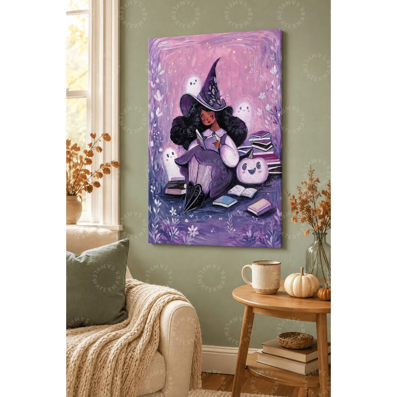 Cute Witch Reading Canvas Poster, Purple Ghost and Pumpkin Wall Art, Cozy Halloween Aesthetic Poster, Bedroom Wall Art, Living Room Decor, Teen Room Decor, Reading Nook Art, Book Lover Gift
