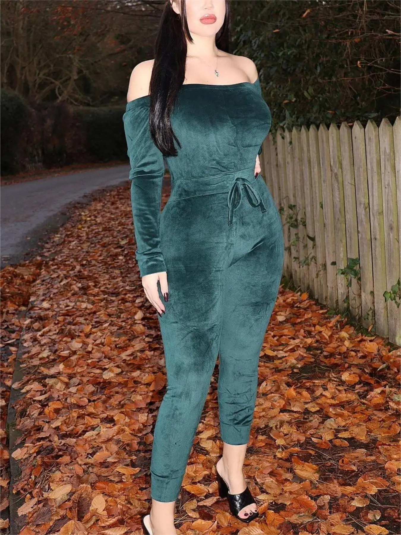 Fashion Sexy One-Shoulder Off-The-Shoulder Long Sleeve Waist Cinch Drawstring Slim-Fit Jumpsuit for Women, Plain Surface, Unlined