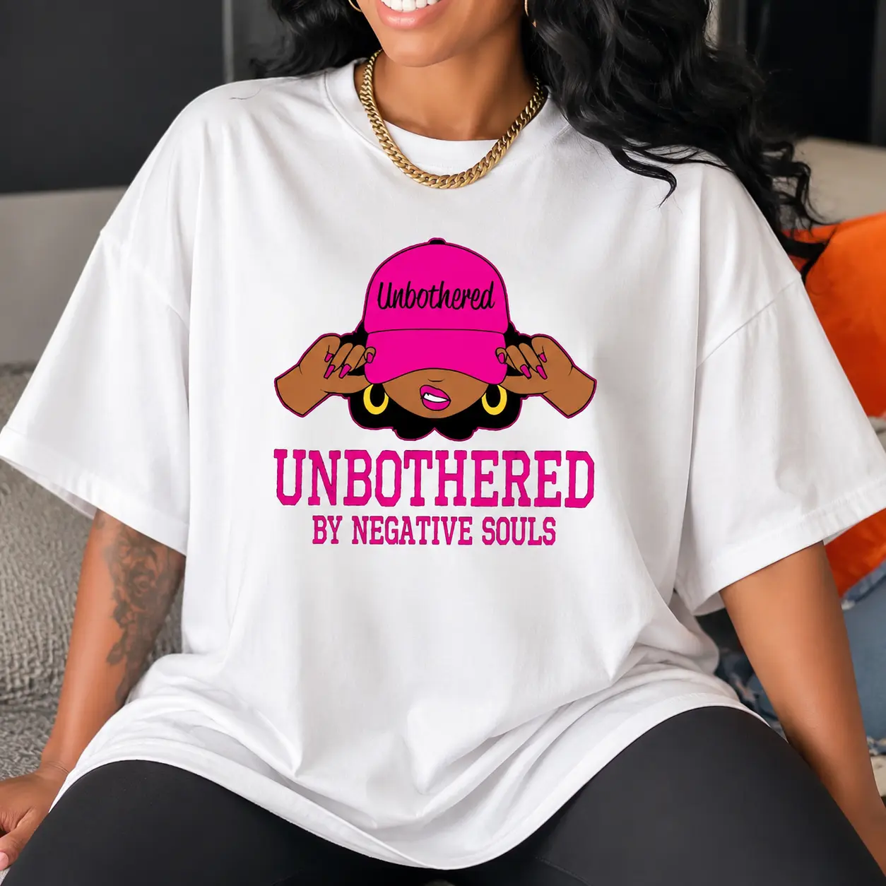 Women’s Unbothered Black Girl Graphic T-Shirt, 100% Cotton 180 GSM Oversized Crew Neck Tee, Pink Statement Streetwear Top
