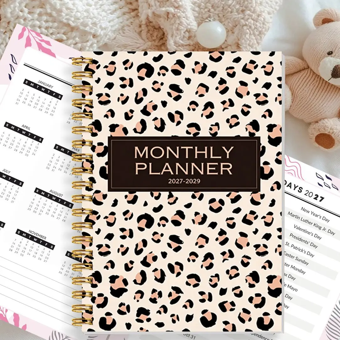 A5 3-Year Monthly Planner Notebook, Modern Soft Tone Leopard Print, Dated Inner Pages, Long-Term Schedule Management, Trend Style Lovers