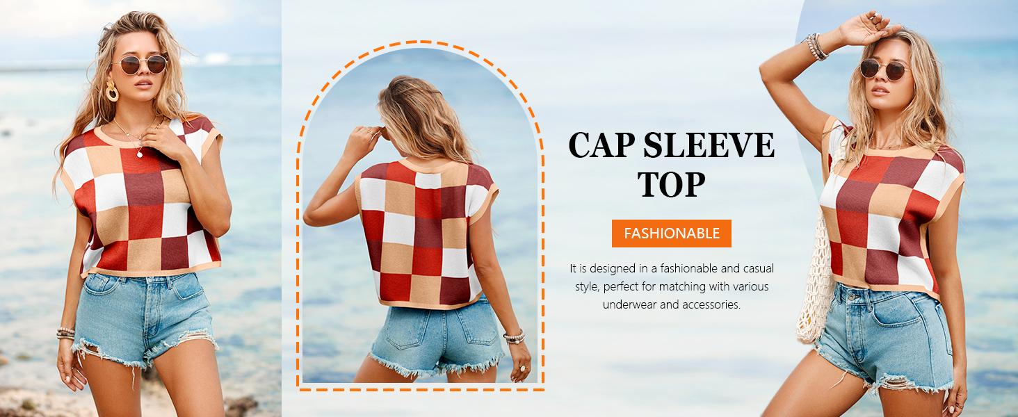 Saodimallsu Womens Cap Sleeve Crop Tops Summer Color Block Going Out Crew Neck Knit Trendy Casual Sweater