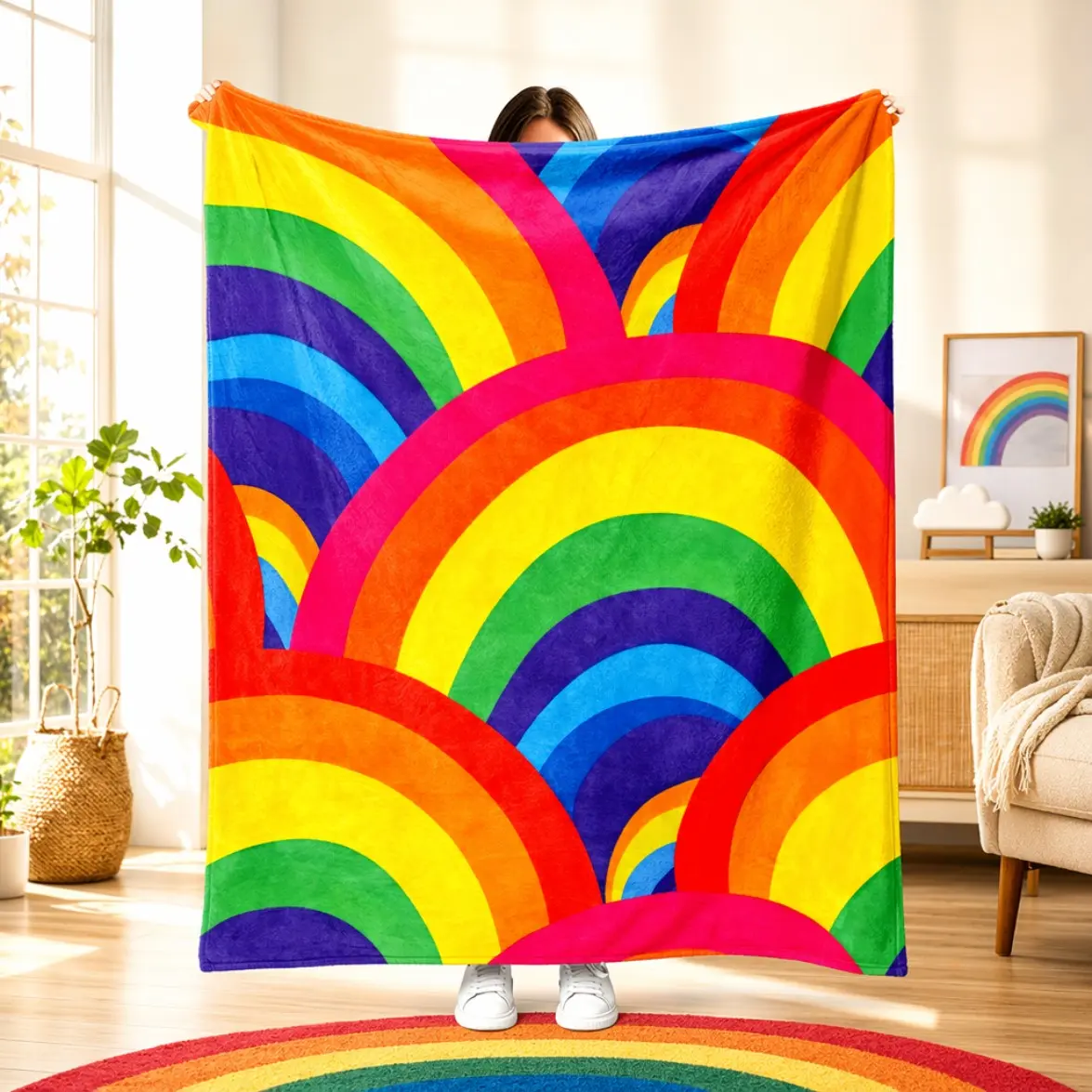 Retro Rainbow Stripe Flannel Blanket - Cozy Vibrant Color Block Throw Blanket for Bed Couch, Y2K Aesthetic Dopamine Room Decor, Soft Fleece Quilt Gift
