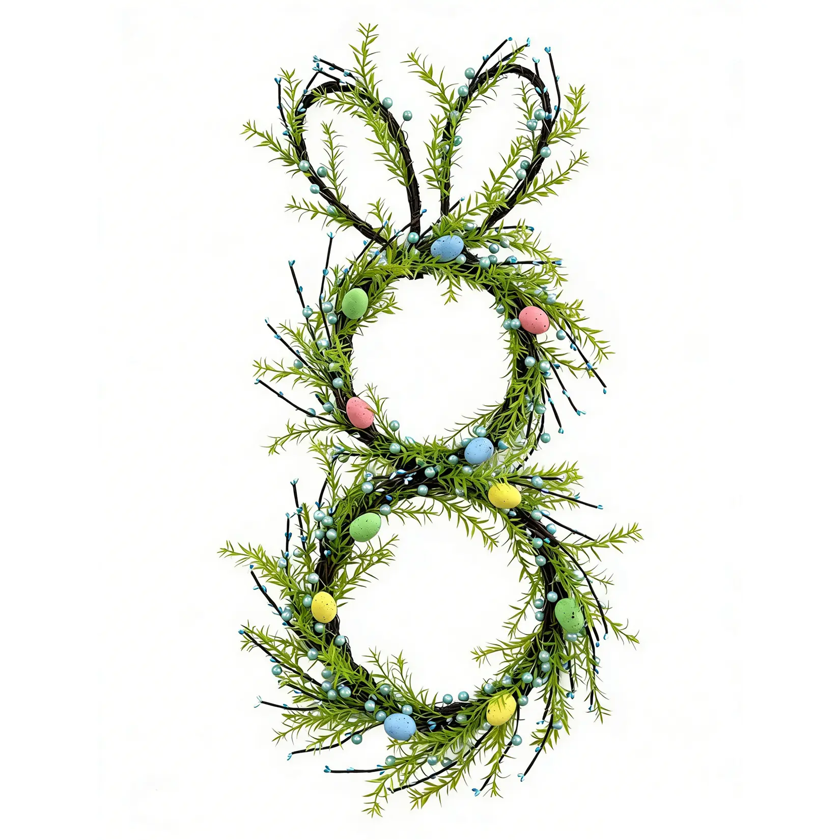 Collapsible Easter Rabbit Wreath for Front Door – 30 Inch Farmhouse Spring Hanging Decor with Colorful Shatterproof Eggs, Greenery & Grapevine, Indoor Outdoor Wall or Door Decoration