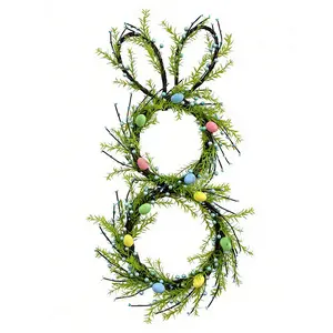 Collapsible Easter Rabbit Wreath for Front Door – 30 Inch Farmhouse Spring Hanging Decor with Colorful Shatterproof Eggs, Greenery & Grapevine, Indoor Outdoor Wall or Door Decoration