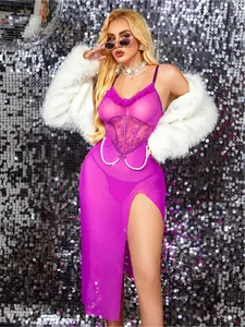 Women's Sexy Jumpsuit Set, Vacuum Translucent Mesh, Lace Trim, Pearl Split Design, 2-Piece for Parties, Home Wear, Gift