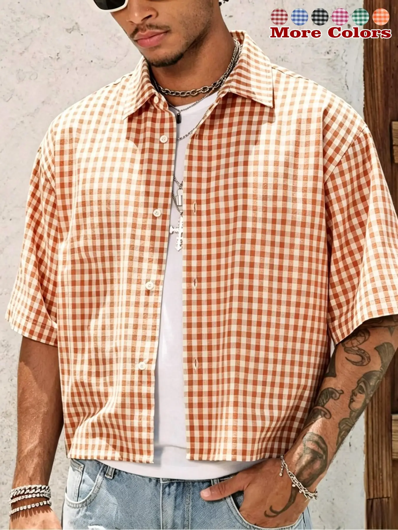 Men's Plaid Checkered Short Sleeve Button-Up Shirt, Summer Casual Loose Fit Check Streetwear Street Style Top, Trendy Men's Clothing