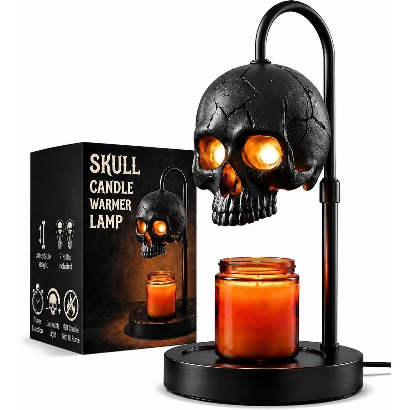 Black Gothic Skull Candle Warmer Lamp - Single Unit, Timer, Dimmer, Adjustable Height, No-Flame Safe Diffuser, Halloween Goth Home Decoration, Gothic Skull Home Decor Supply