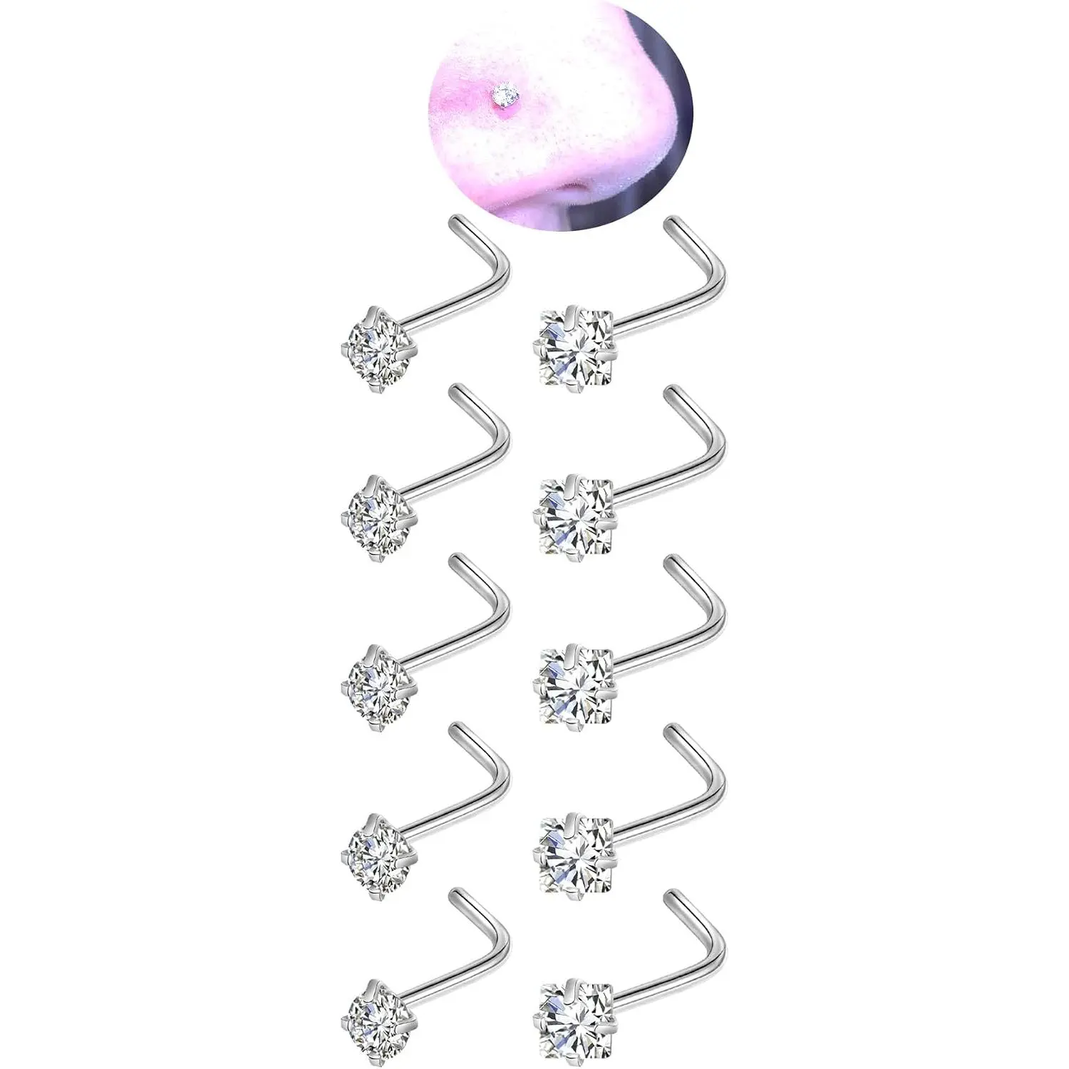 20G Nose Rings Studs for Women Corkscrew Sliver Nose Studs  Nose Rings 316L Stainless Steel Nose Nostril Percing Jewely for Women Men Round Square CZ Imitation  1.5mm/2.0mm/2.5mm/3.0mm