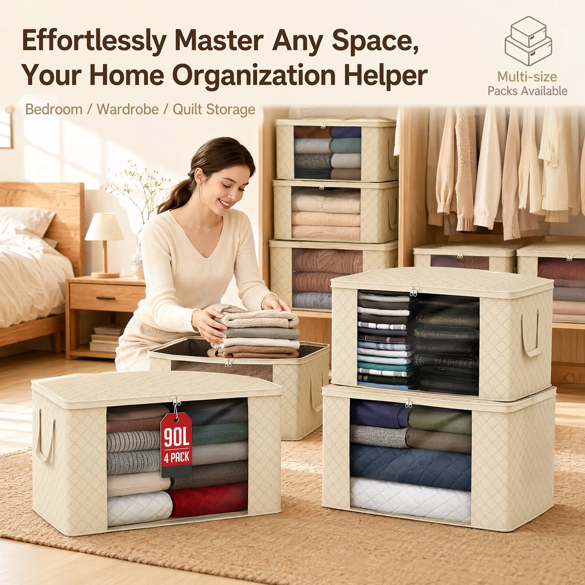 Window Storage Bags Clear Foldable with Handles and Lid Space-Saving Organizer 2/4/6/8-Pack for Closet Bedding and Clothes