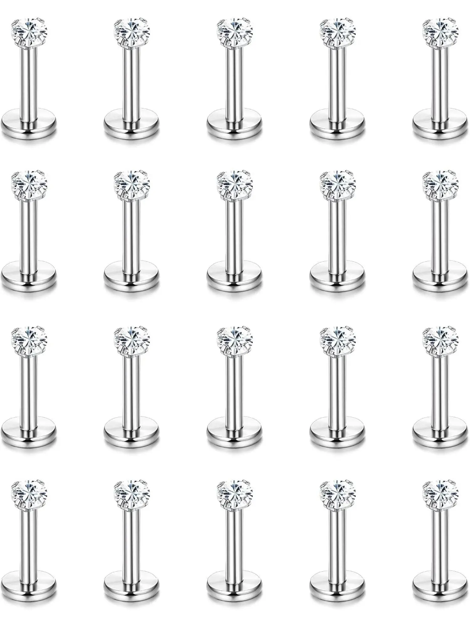 20Pcs 16G Hypoallergenic Stainless Steel Labret Lip Stud Set with 3mm CZ, Multi-size 6mm/8mm/10mm Piercing Jewelry for Tragus Helix Monroe Cartilage, Great for Daily Punk Festival Party Wear