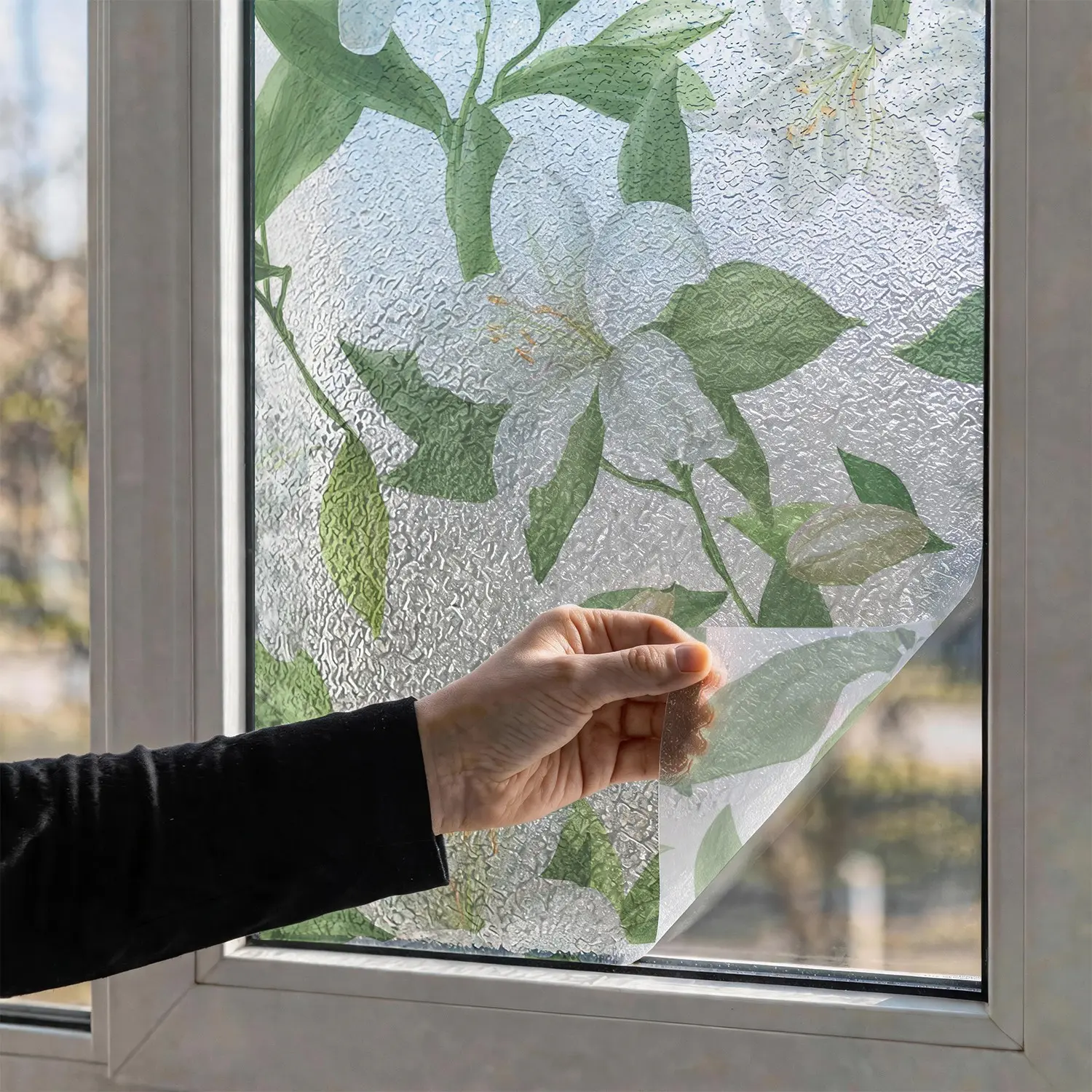 Watercolor White Lily Static Cling Window Film, Non Adhesive Reusable Floral Glass Sticker, Botanical Green Leaves Privacy Window Decal for Bathroom Kitchen Home Door Decor, Removable No Glue Glass Covering