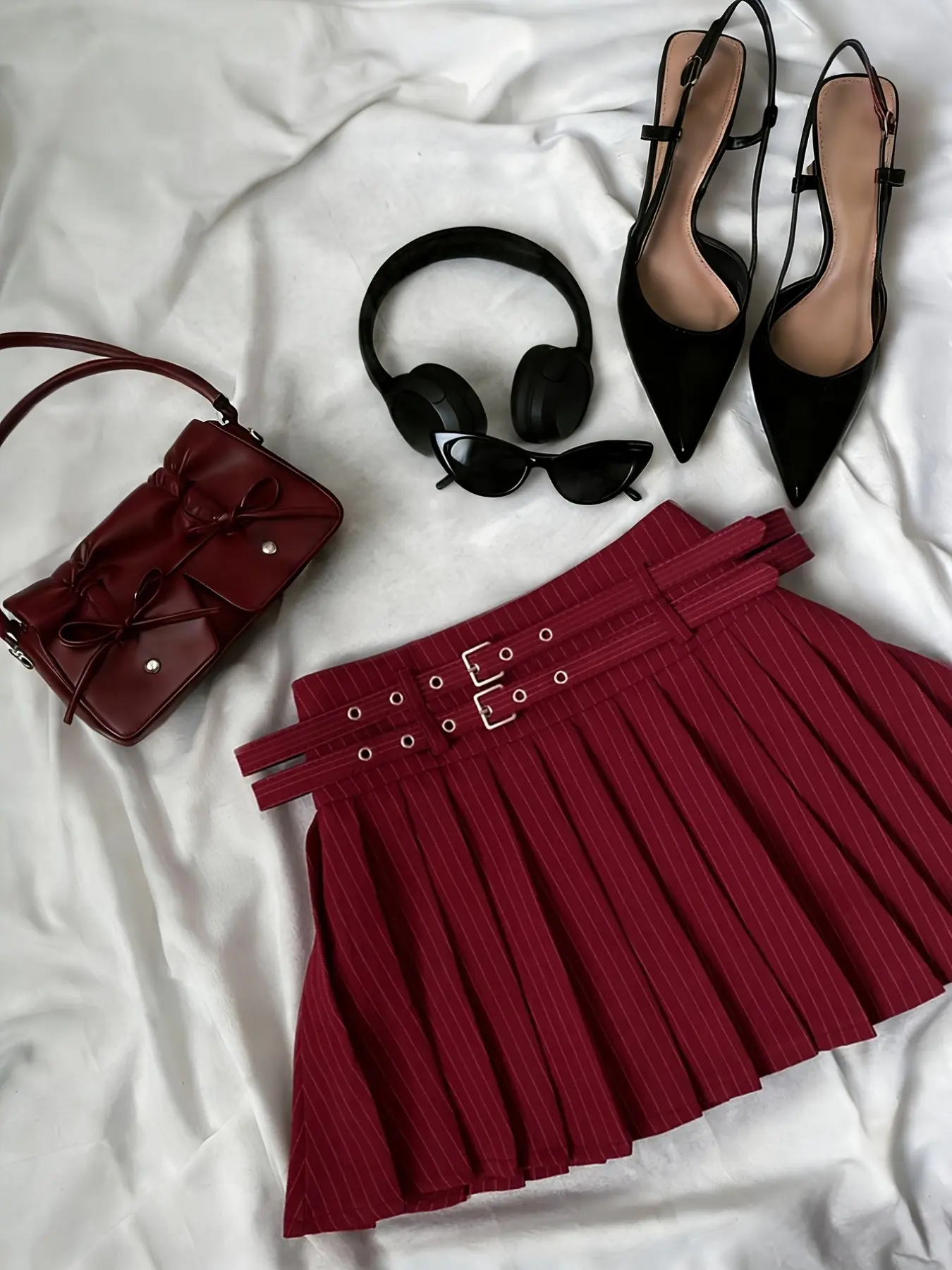 Striped Pleated Mini Skirt Women, High Waist Dual Belt Design, Retro Hong Kong Style, Slimming A-Line Dress, American College Fashion, A Line Skirts