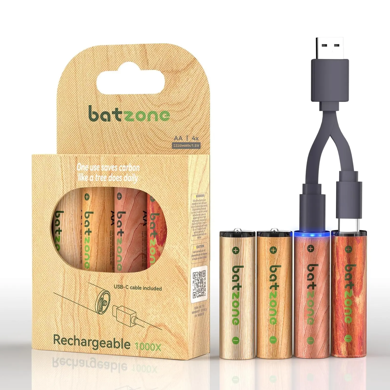 4 Pack 2200mWh 1.5V AA Rechargeable Lithium Battery with Type-C Port Battery + Cable