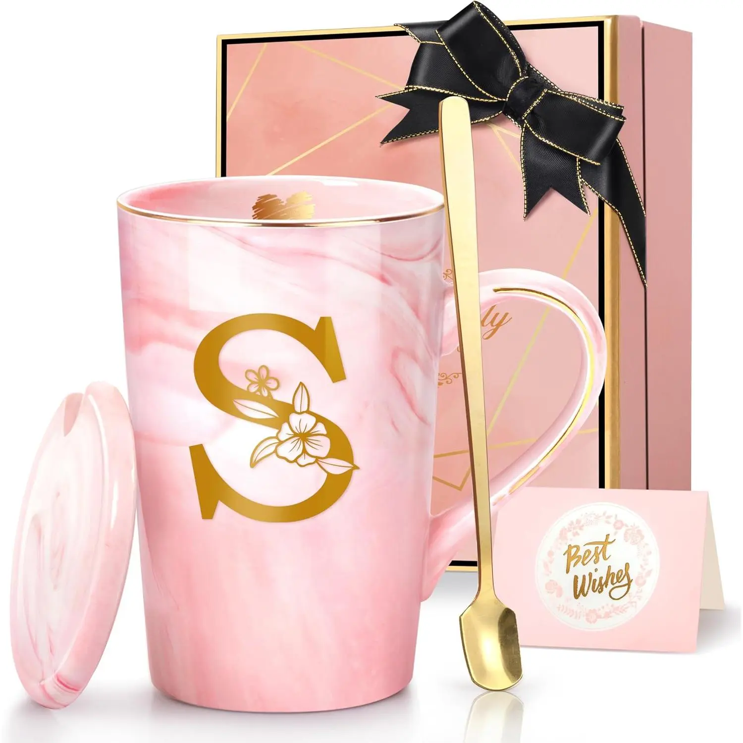 Personalized Marble Ceramic Mug Gifts for Women, 14 Oz  Initial Customized  Coffee Mug with Lid, Mother's Day Christmas Birthday Gifts for Wife Mom Grandma  Sister ,S