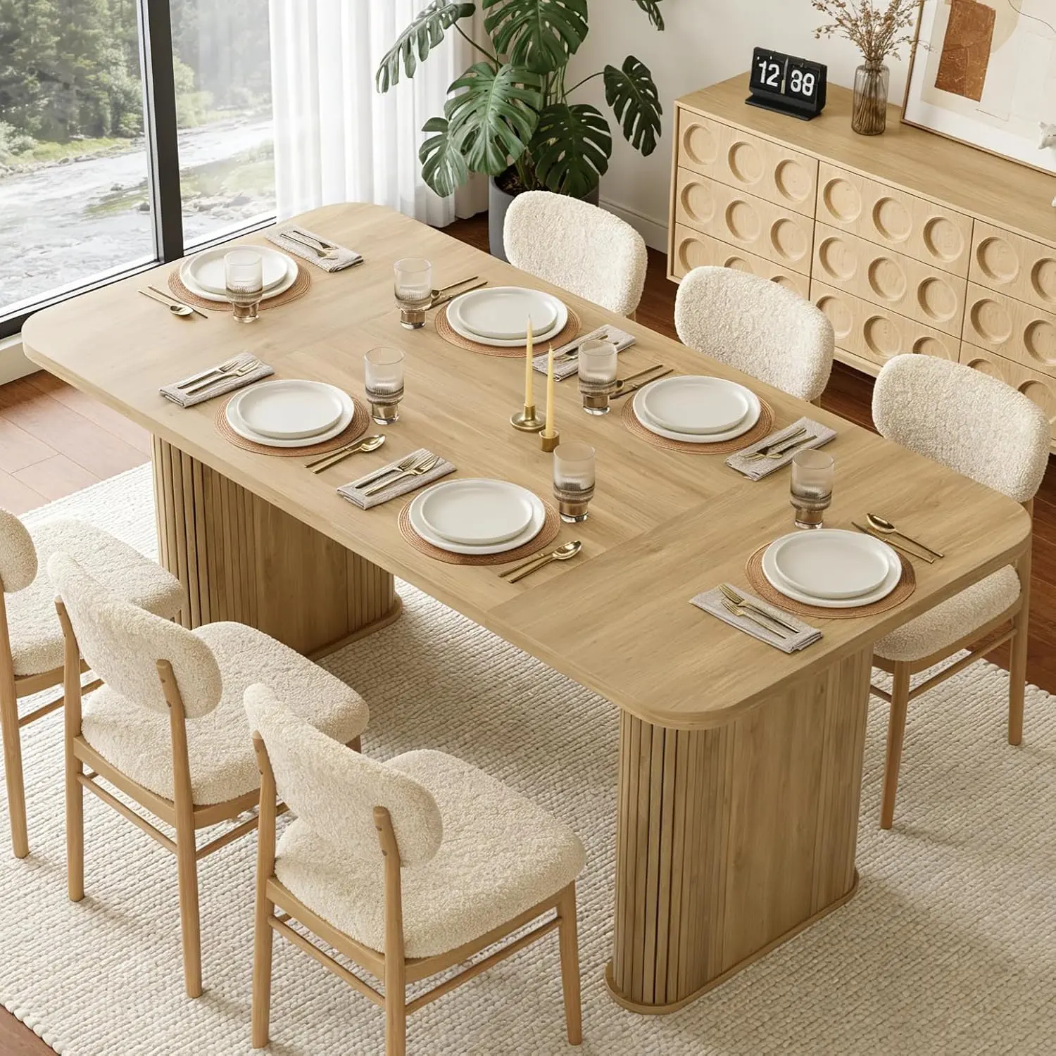 Gaomon 62" Modern Wooden Rectangular Dining Table for 6-8 People - Large Tabletop, Heavy-Duty Pedestal Legs, Rectangle Wood Table for Kitchen, Living Room, Natural Finish
