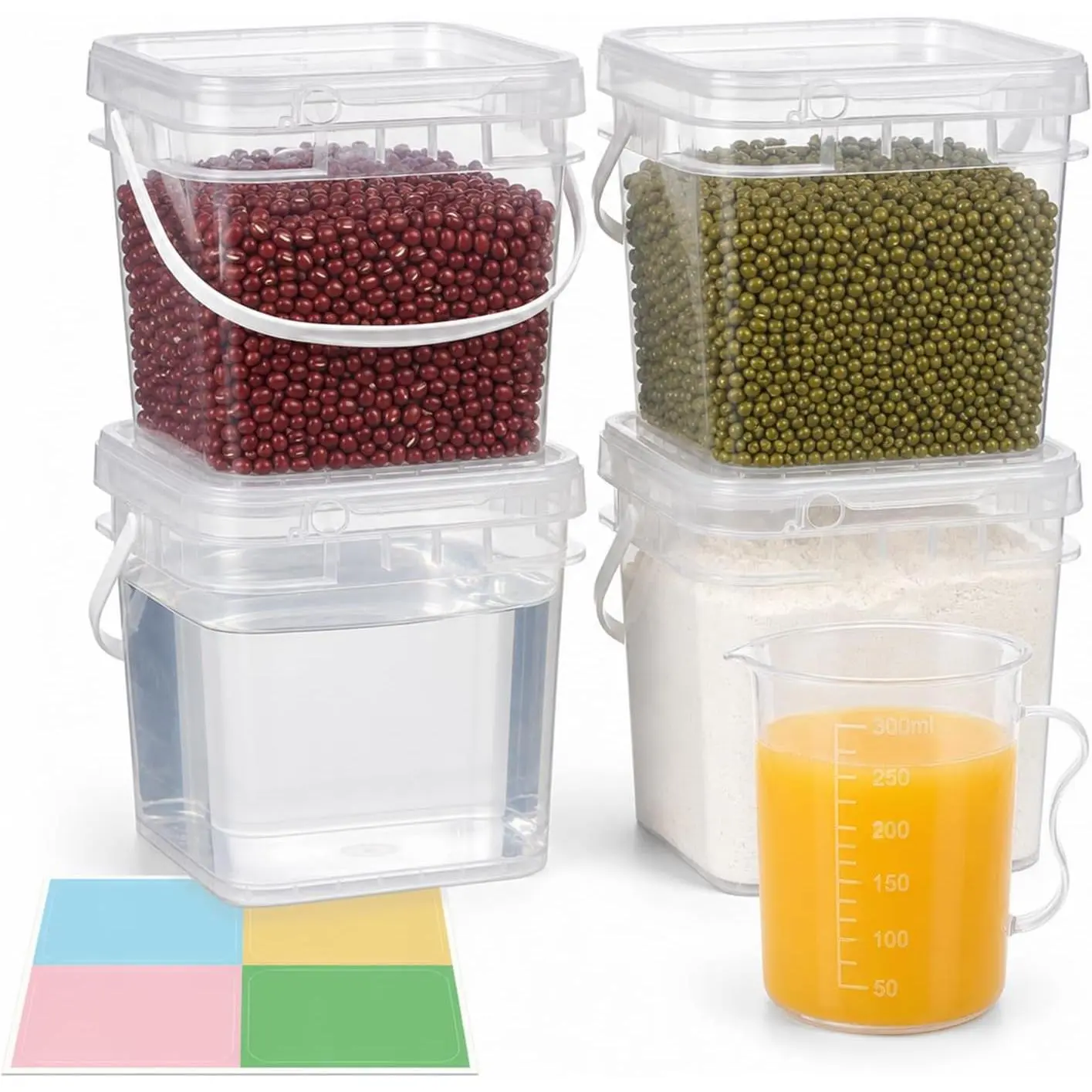 4 Pack 0.5 Gallon  Grade Square Buckets with Easy-Open  and Handles,  Clear Plastic  Storage Containers for Pantry Organization, Cereal, Rice & Flour Storage