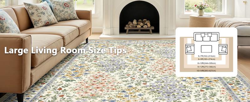 8x10 Area Rugs, Machine Washable Low Pile Floral Faux Cashmere Rugs for Living Room, Bedroom, Large Boho Area Faux Cashmere Rug with Non-Slip Backing for Dining Room(Beige Floral)