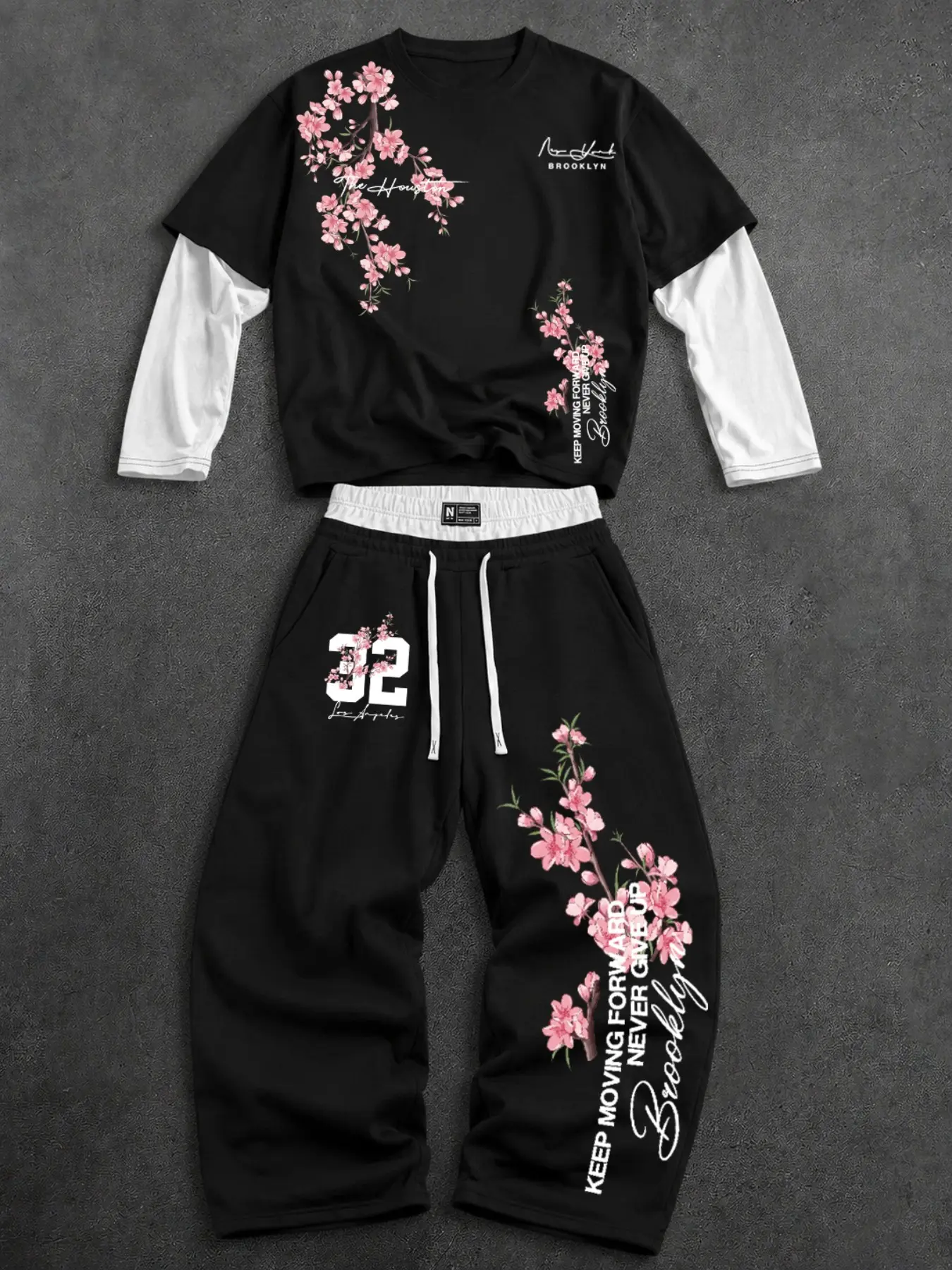 Unisex Oversized Japanese Floral Print Double Sleeve Tee and Drawstring Loose Fit Jogger Pants Tracksuit Set Summer Sport Set for Skateboarding & Daily Outfits