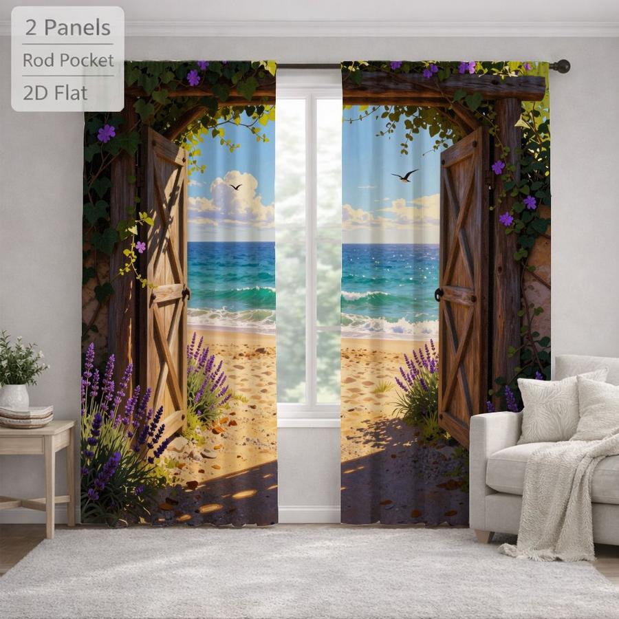 Coastal Landscape Beach Seascape Window Curtains 2Pcs Digital Print Rod Pocket for Bedroom Office Kitchen Living Room Study Home Decor Soft Light Filter Easy Installation