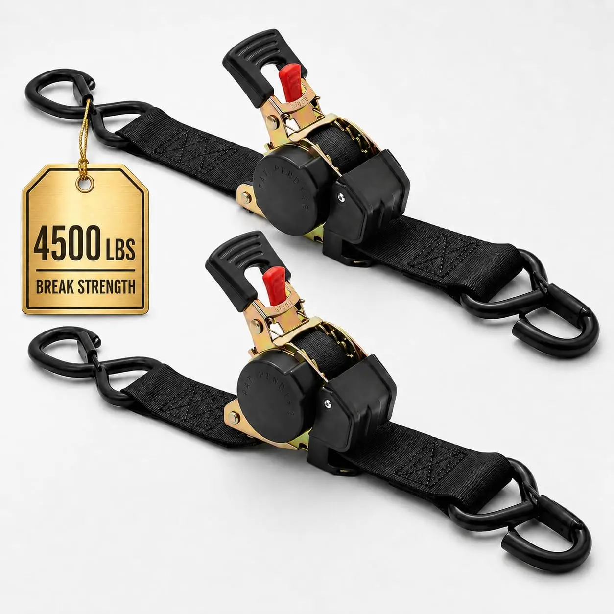 2-Pack Retractable Auto-Rewind Ratchet Tie Down Strap Set, 2in x 10ft Polyester, Damped S-Hooks, 4500 lbs Heavy-Duty Tangle-Free for Hauling Cargo on Trucks, Motorcycles, 10 Ft