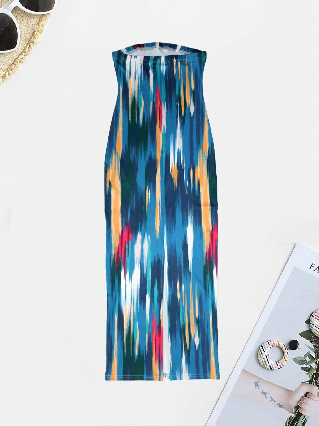 Women's All Over Print Backless Split Hem Bodycon Dress, Fashion Casual Elegant Sleeveless Bodycon Sleeveless Long Tube Dress for Summer, Women's Clothing for Club Party, Summer Outfits 2024 Valentine's Day, gift