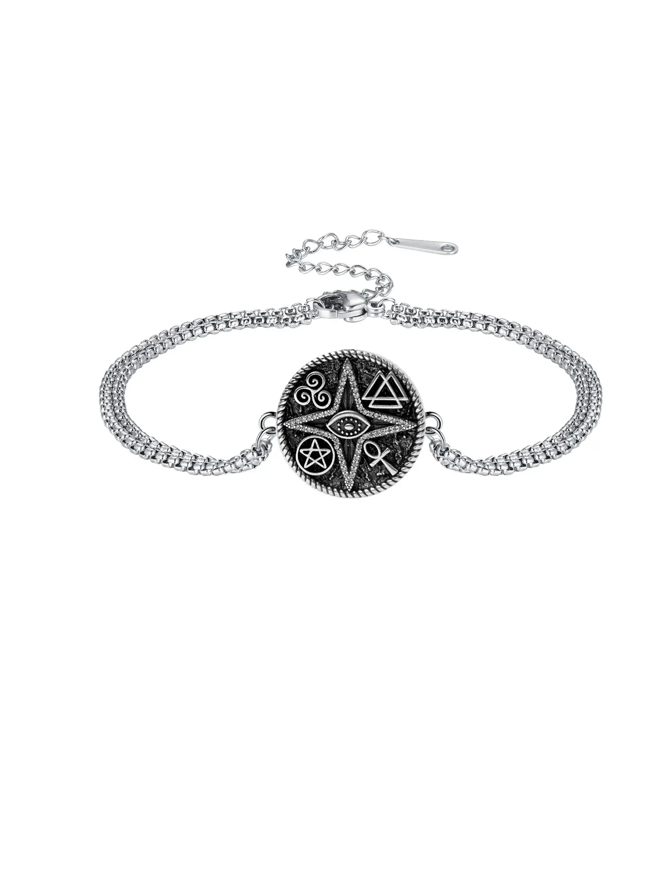 Hexagram Life Symbol Triangular Knot Triple Spiral Double Layer Bracelet, Retro Gothic Witchcraft Pendant, Unisex Gift
