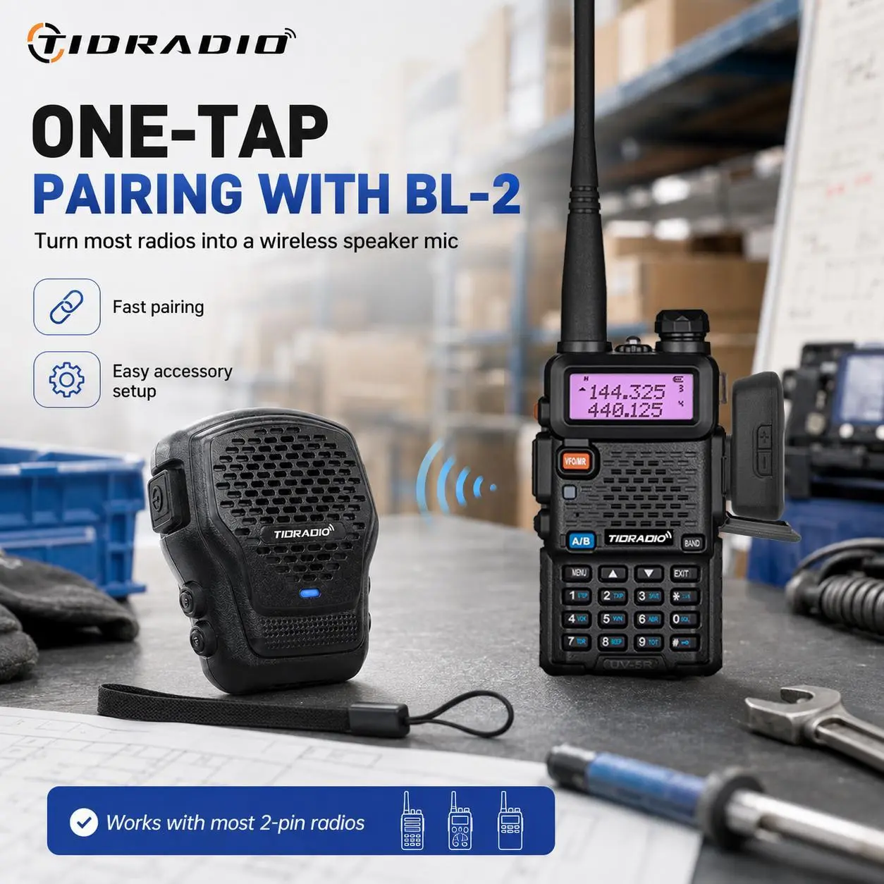 TIDRADIO Q2L Multifunctional Walkie-Talkie Wireless Speaker Mic - Bluetooth PTT Microphone with AI Noise Reduction, Odmaster Global PTT Communication, Clip-On Design, Optional BL-2 for H3 Plus, H8 4th Gen, H9 Radio Wireless Programming
