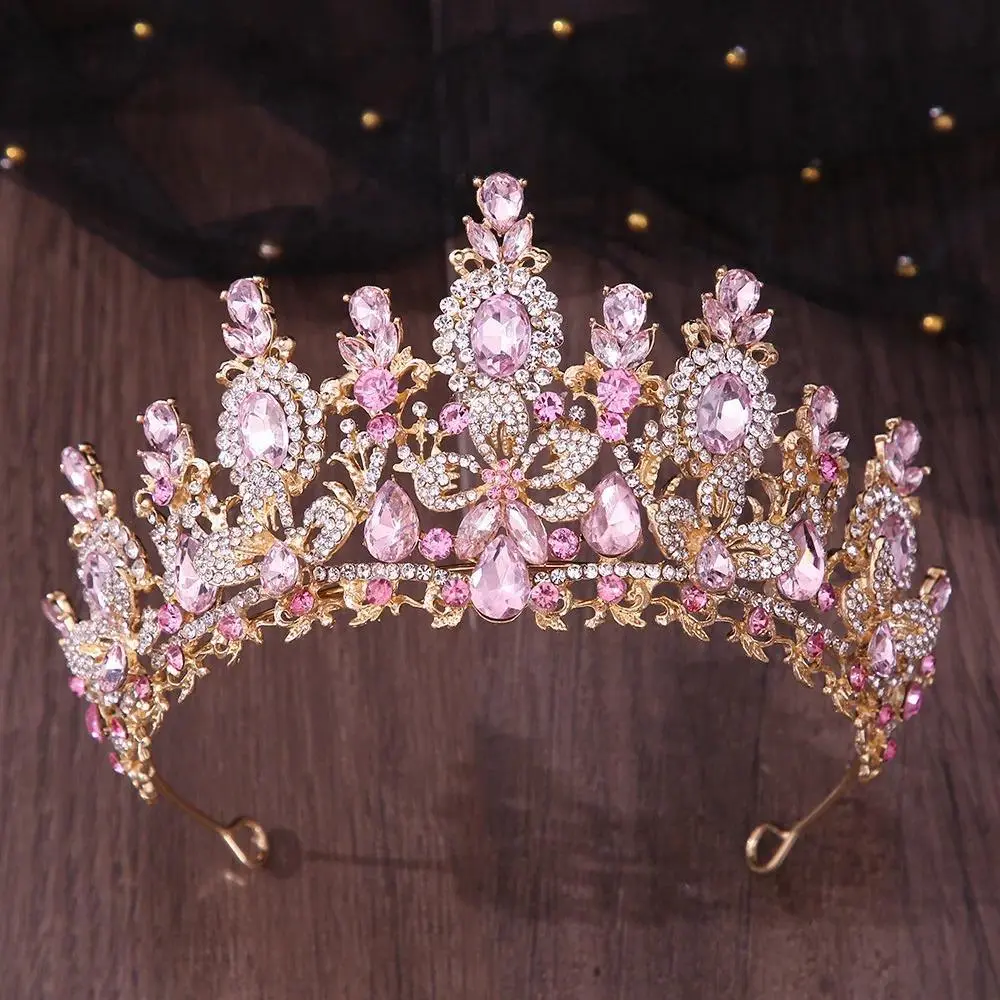 Baroque Royal Crown with Pink and AB Crystals, Water Drop Flower Alloy Crystal Tiara for a Romantic Look, Wedding Event Hair Jewelry, Female, Print