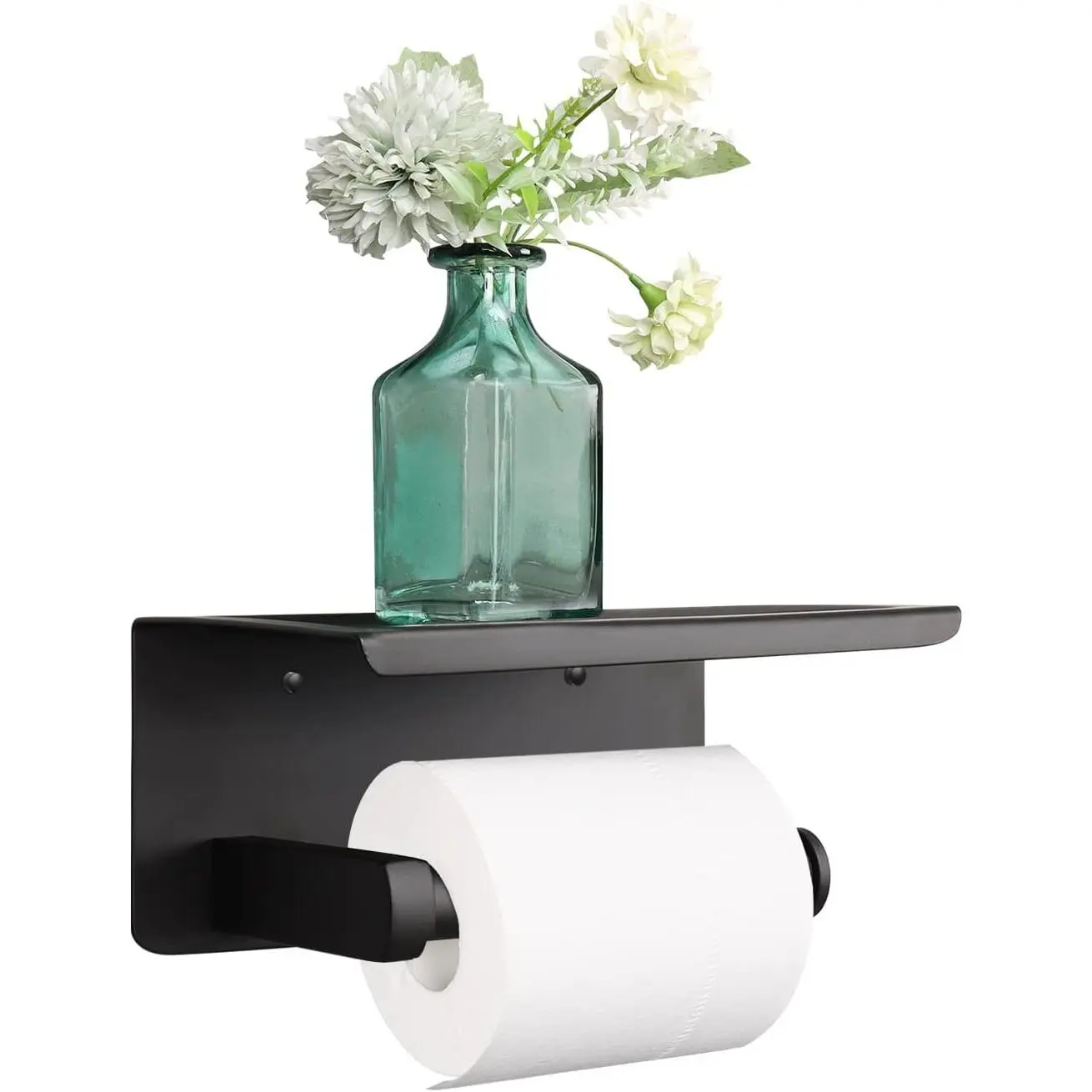 Modern 304 Stainless Steel Matte Black Toilet Paper Holder with Anti-Slip Shelf, Heavy Duty Tissue Hanger with Phone Storage for Bath & Kitchen, No Drill or Wall Mounted for Regular Rolls, Minimalist
