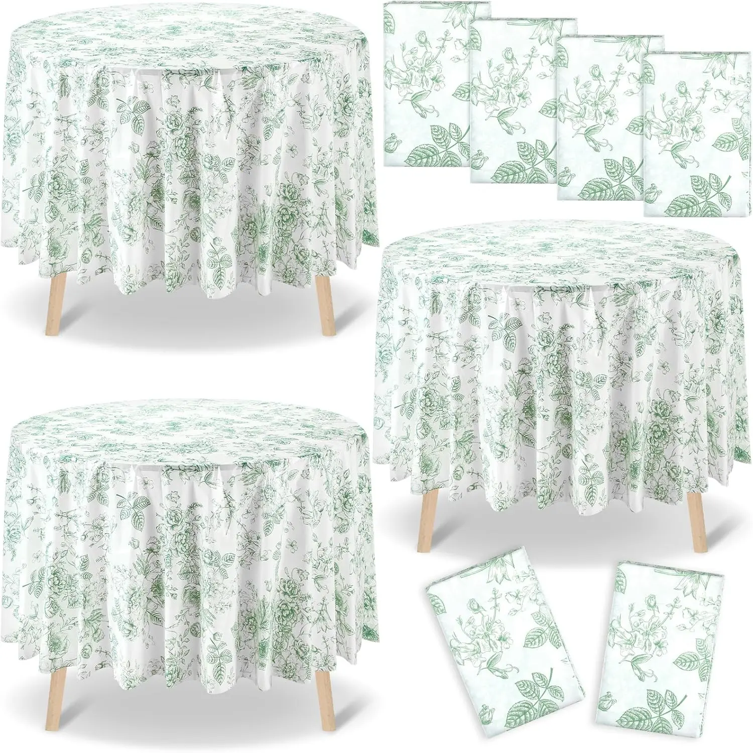 12 count Sage Green Floral Plastic Tablecloth 84 in Spring Round  Flower  Party Tablecloth Disposable Green and White Table Covers for  Party Birthday Wedding  Shower Decoration
