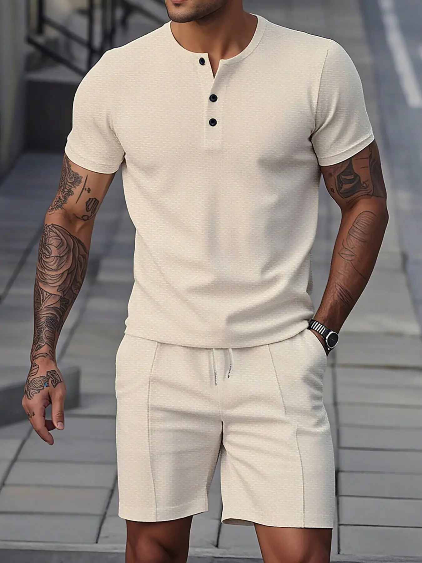 Men's Textured Henley Short Sleeve T-Shirt + Drawstring Shorts Set, Solid Color Breathable Casual, Summer Streetwear Menswear Ensemble Outfit