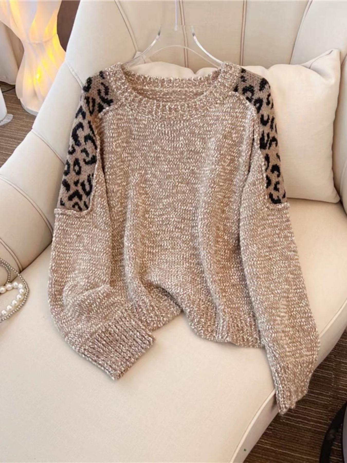 Women's Leopard Print Knitted Sweater, Casual Loose Long Sleeve Round Neck Jumper for Fall & Winter, Fashion Ladies' Knitwear for Daily Wear