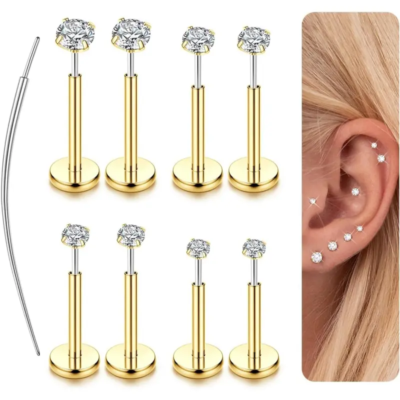 14K Gold Plated 316L Steel Threadless CZ Nose Studs, Ideal for Women & Men, Lip Labret Studs, Flat Back Stud Earrings, Hypoallergenic Body Piercing Jewelry for Nose, Tragus, Helix and Cartilage, Body Jewellery, 16/18/20G