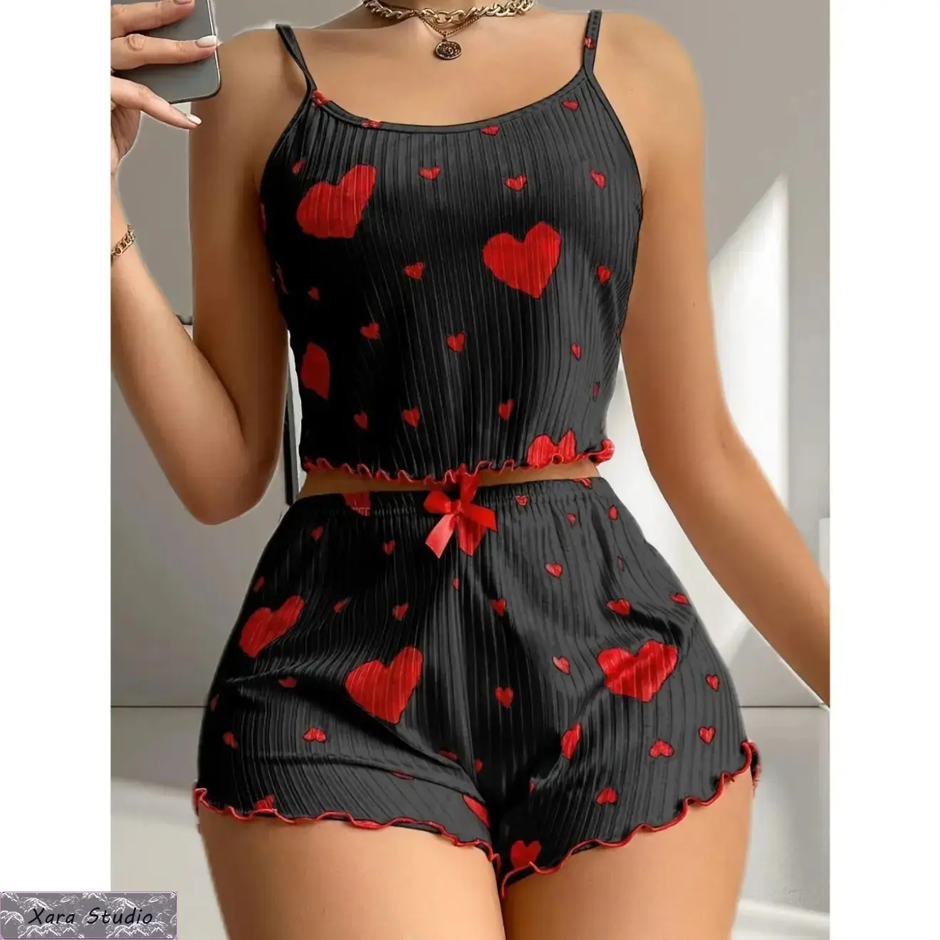 Women's Summer Pajama Set, 2 Piece Spaghetti Strap Cami and Heart Print Shorts, Soft Breathable Lounge Set, Cute Matching Sleepwear for Women, Lightweight Loungewear for Home, Vacation, Weekend Relaxing