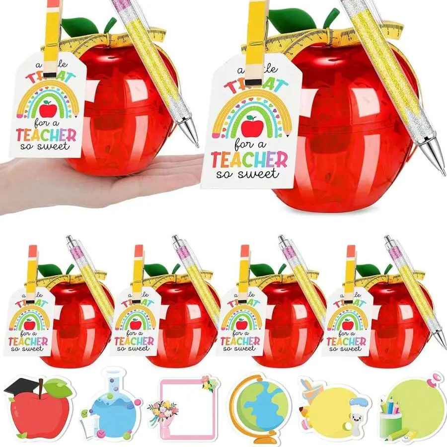 37PCS/6 Sets Large Red Apple Container Teacher Appreciation Gifts Bulk, Teacher Gifts Card Holder, Plastic Apple Shaped Candy Jar For Back To School, First Day Of School, Teachers Birthday Gift