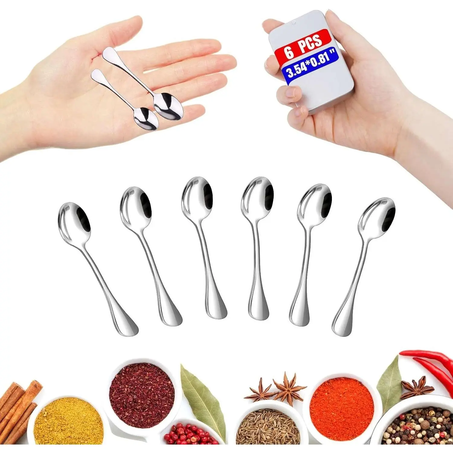 6PCS Mini Stainless Steel Spoons (Upgraded Larger Size 3.54 inch) - Small Salt Spoons SUS 304 Food Grade Mini Seasoning Spoon for Powder Spices Jars, Pepper, Sugar, Honey