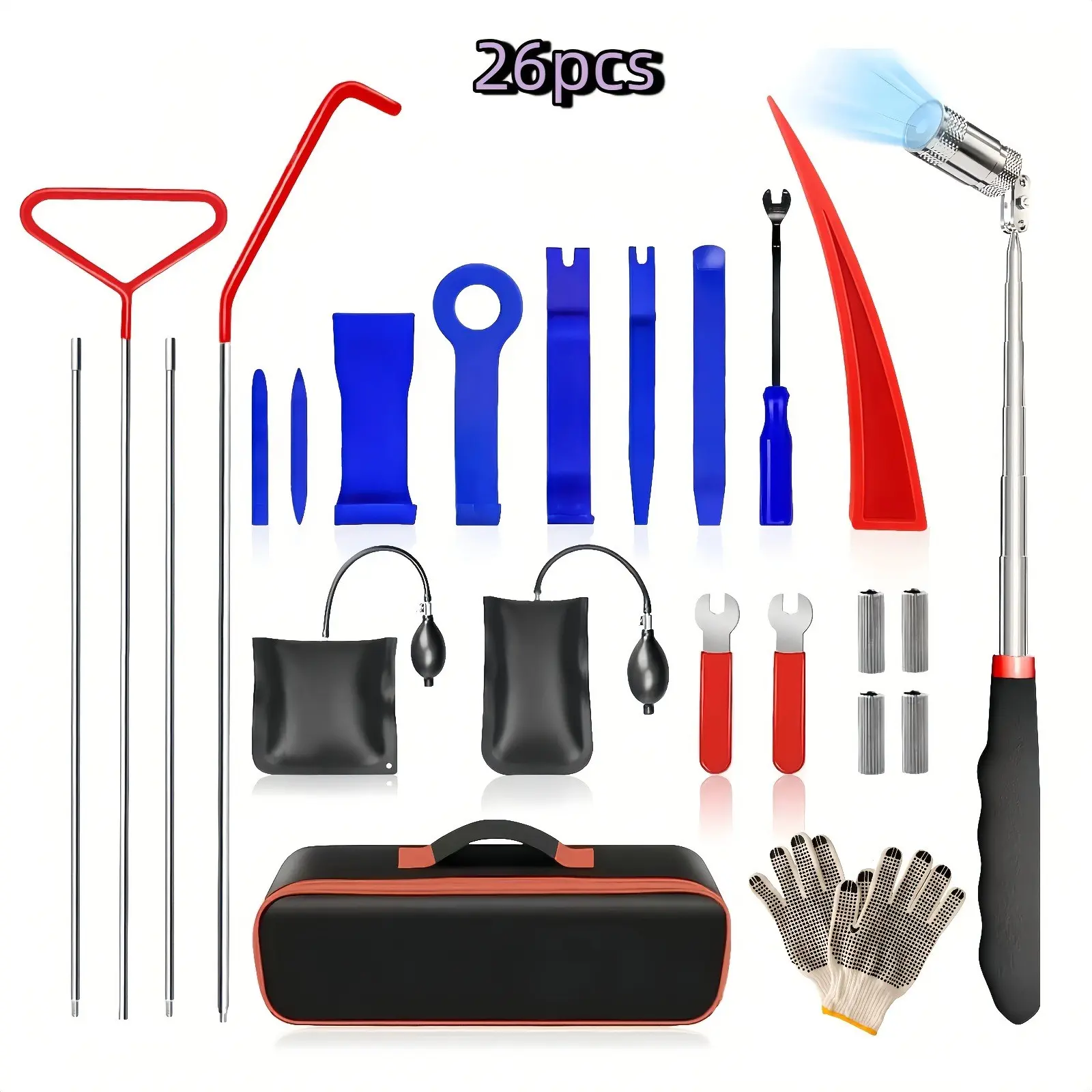 26-Piece Automotive Emergency Tool Kit – Car Tool Set Includes long stainless steel rods for non-damaging emergency door opening, airbag wedges, and multi-purpose hooks for roadside assistance and repairs.