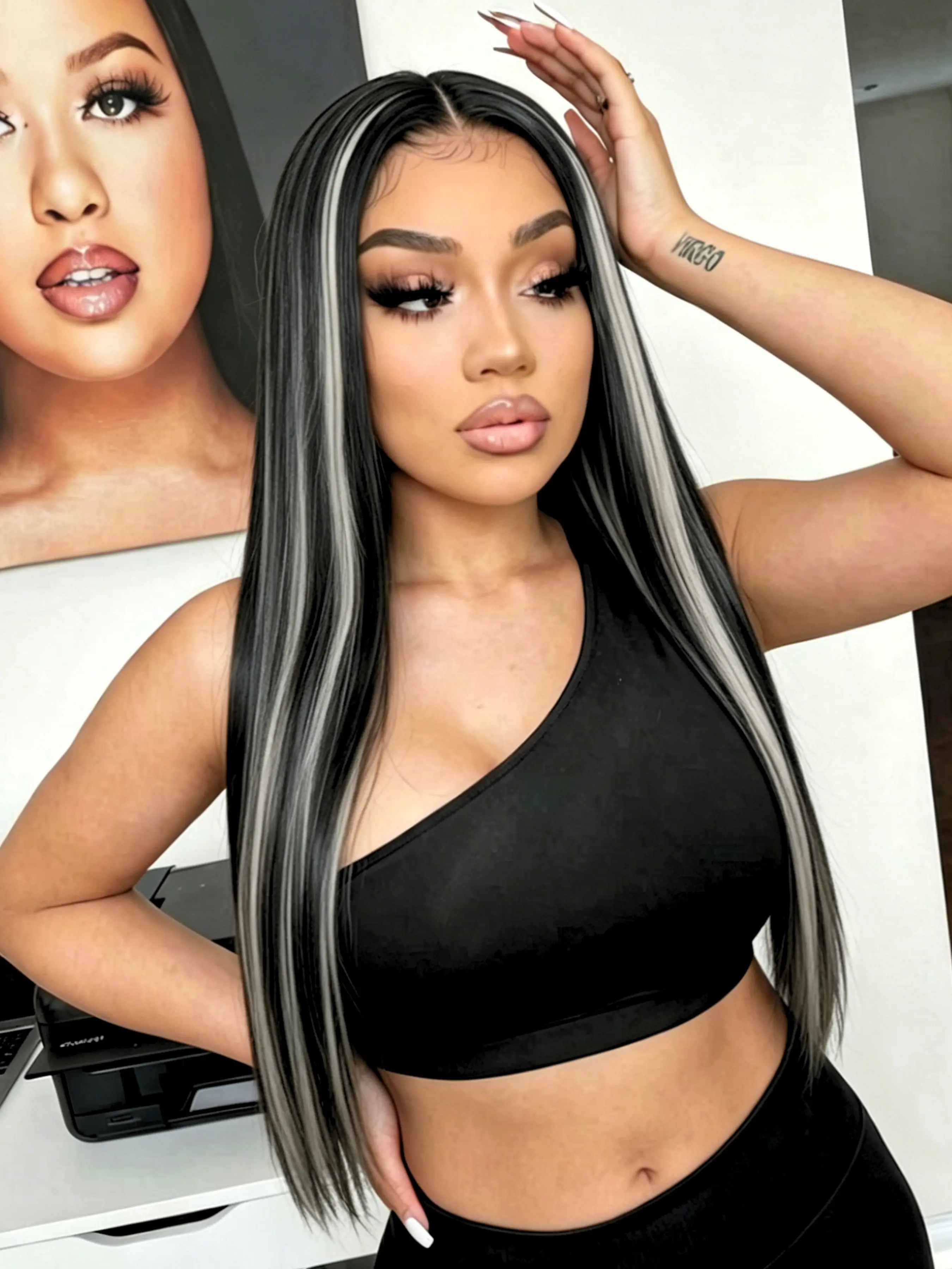 Black White Highlight Wigs 13x4 Lace Front Wigs Skunk Stripe Highlight Wig  Long Soft HD Lace Straight Wig Heat Resistant Synthetic Wig Pre-Plucked Hairline Lace Frontal Wigs for Women Vacation Party Festival Lace Wear Wig 28 Inch
