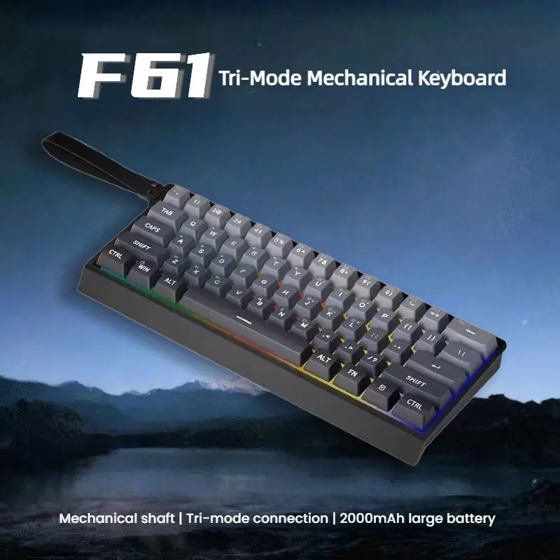 F61 Tri-Mode Gaming Mechanical Keyboard, 60% RGB, Hot-Swappable, 61-Key, Blue Switches, Mini Keyboard, Ideal for Gaming PC