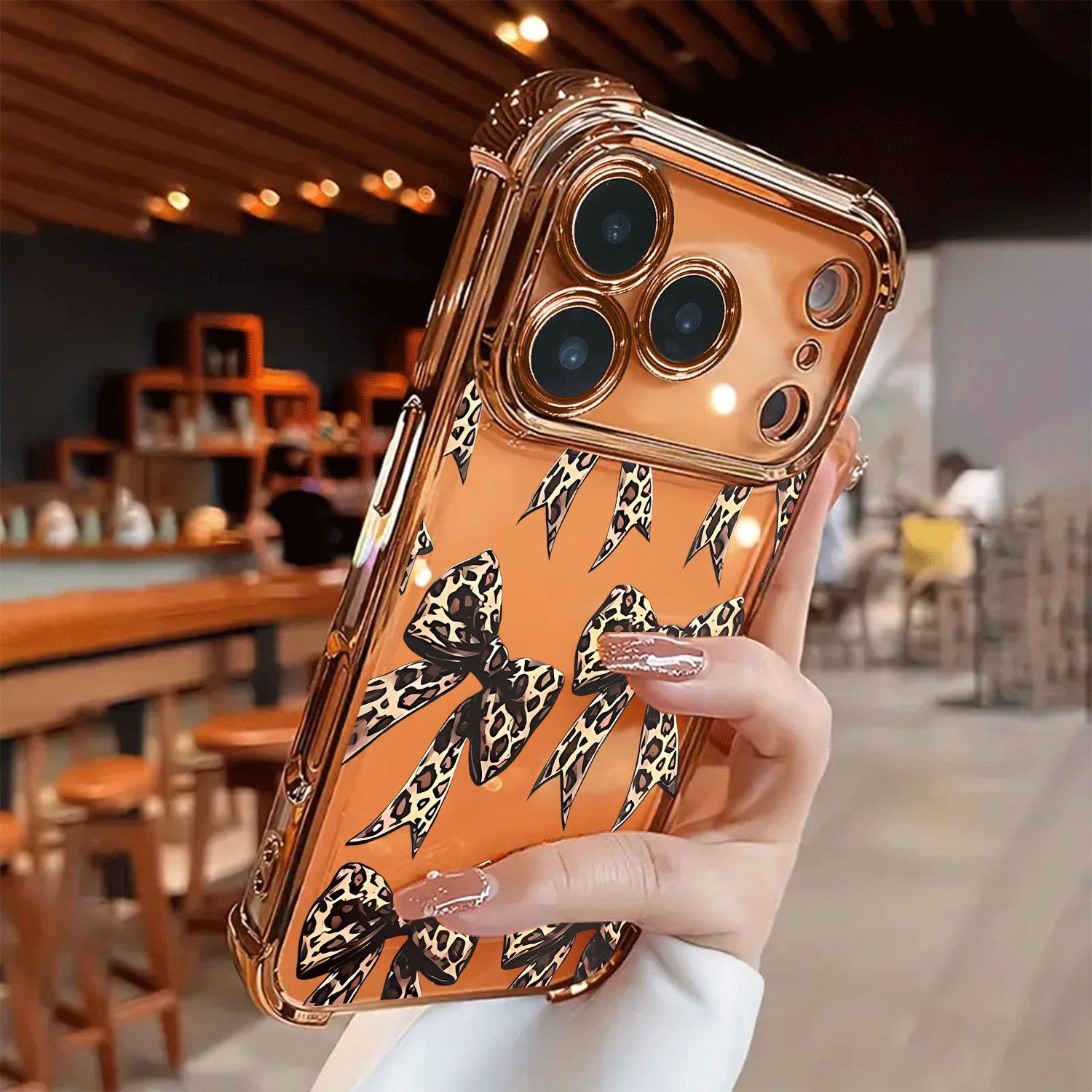 Creative Leopard Print Bow Pattern Four-corner Thickened Mobile Phone Case for iPhone 17 Air 16 15 14 13 12 11 Pro Max Plus border Electroplating with counter-fall Safety Cushion 2D printing Cellphone Smartphone