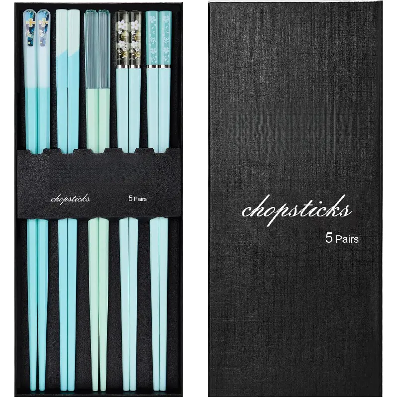 Chopsticks Reusable Dishwasher Safe, 5 Pairs 9.5 Inches Premium Chop Sticks Set for Sushi, Ramen, Asian Cuisine, Matte Non-slip with Gift Case, Light Blue