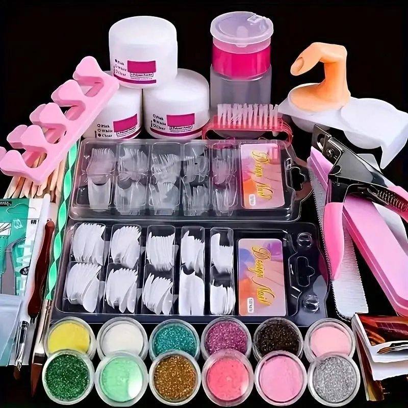 23-In-1 Acrylic Nail Kit for Beginners, 12 Colors Glitter Acrylic Powder, White Transparent Pink, Professional Nail Extension Set, Manicure Tools, Nail Art