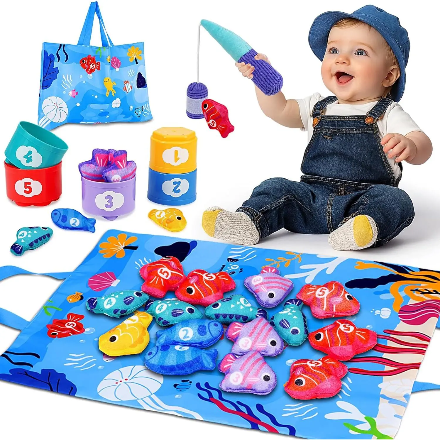 Montessori Toys  1 Year Old - Cloth Fishing Game with Stacking Cups Toddler Toys  One Year Old Boy Girl First Birthday Gift - Sorting Learning Baby Toy 12-18 Months 1 2 Year Old New model set early educational