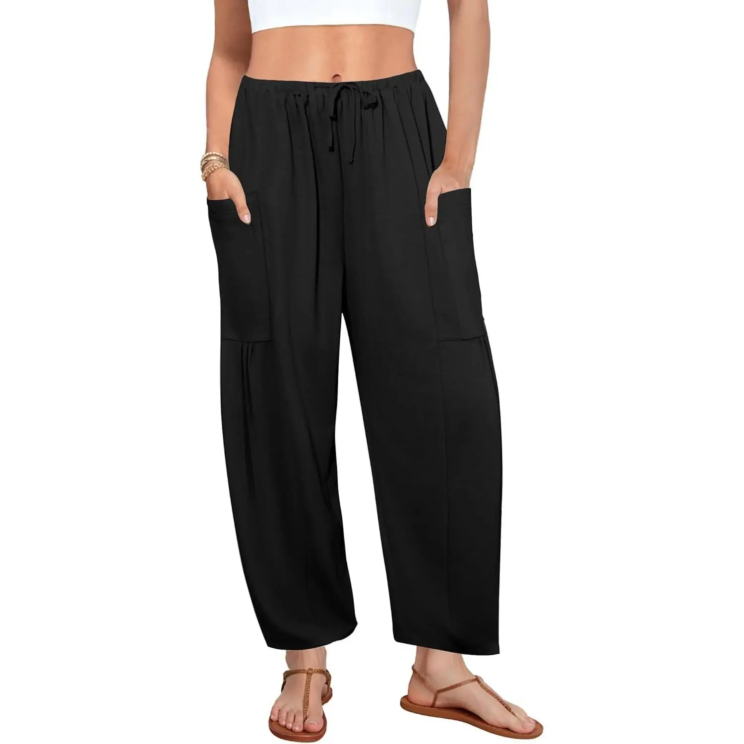 Women's Flowy Wide-Leg Rayon Pants - Drawstring Loungewear Palazzo Harem Trousers with Pockets, Casual Outdoor Style Fabric for Beach Vacation Use, Elegant