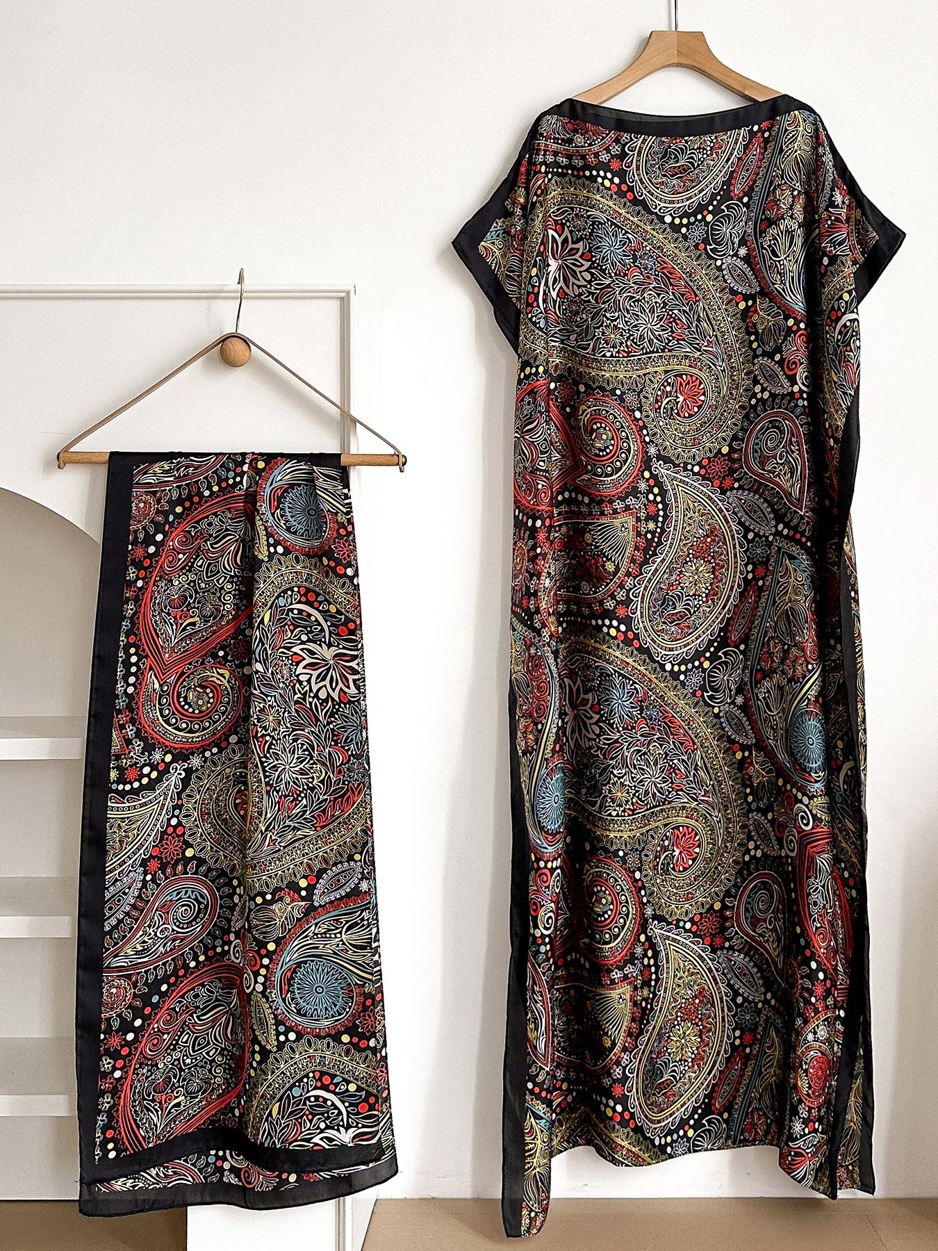 Women's Elegant Soft Cover Up Dress & Scarf Set, Casual Trendy Long Kaftan Dress & Scarf for All Seasons, Fashionable Accessories for Women