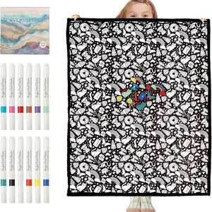 DIY Coloring Blanket with 24 Markers Craft Kit Washable & Color Your Own Blanket with Cozy Velvet Back Suitable for All Ages Fun Creative Set for Everyday Use & Home Decor