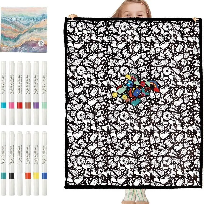 DIY Coloring Blanket with 24 Markers Craft Kit Washable & Color Your Own Blanket with Cozy Velvet Back Suitable for All Ages Fun Creative Set for Everyday Use & Home Decor Art Set